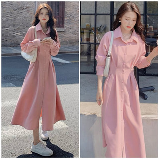 Đầm sơ mi hồng tay dài, váy công sở, váy dạo phố xuongvnxk vnxk