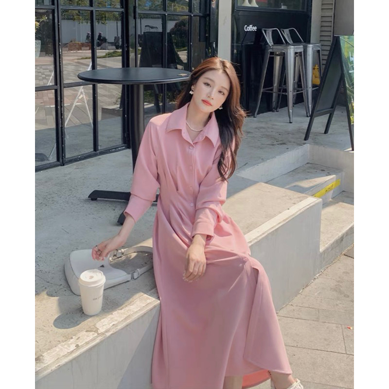 Đầm sơ mi hồng tay dài, váy công sở, váy dạo phố xuongvnxk vnxk
