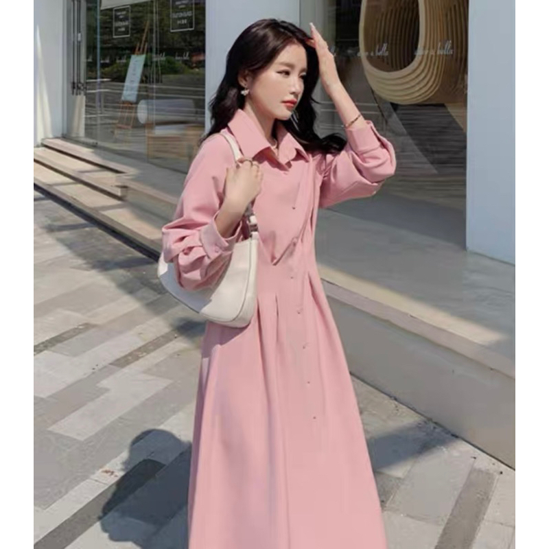 Đầm sơ mi hồng tay dài, váy công sở, váy dạo phố xuongvnxk vnxk