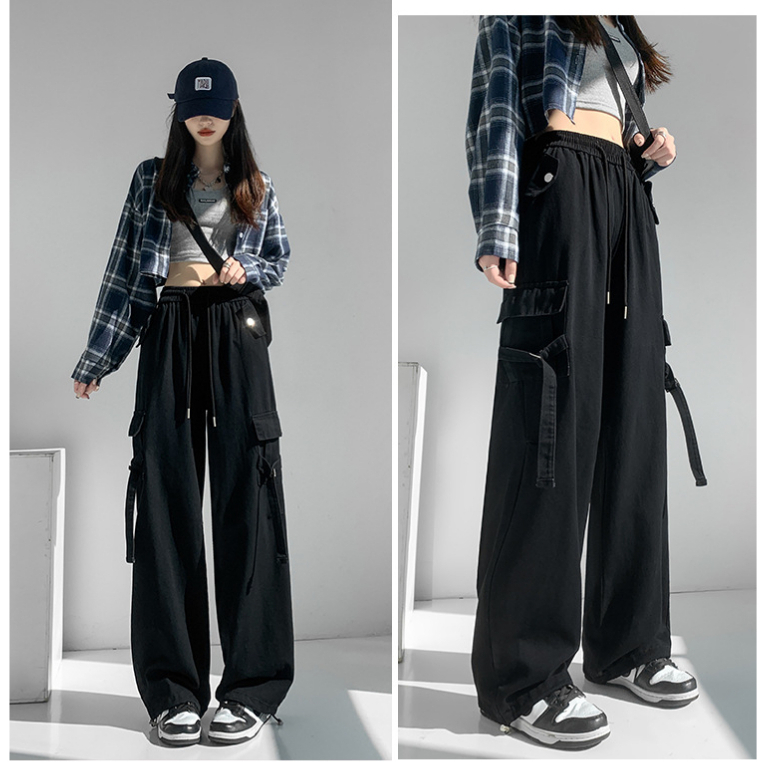 Quần Túi Hộp Nữ Ống Rộng Nút Cài Cạp Chun Chất Kaki Mềm, Quần Cargo Pant Chốt Gấu Unisex Phong Cách Hiphop