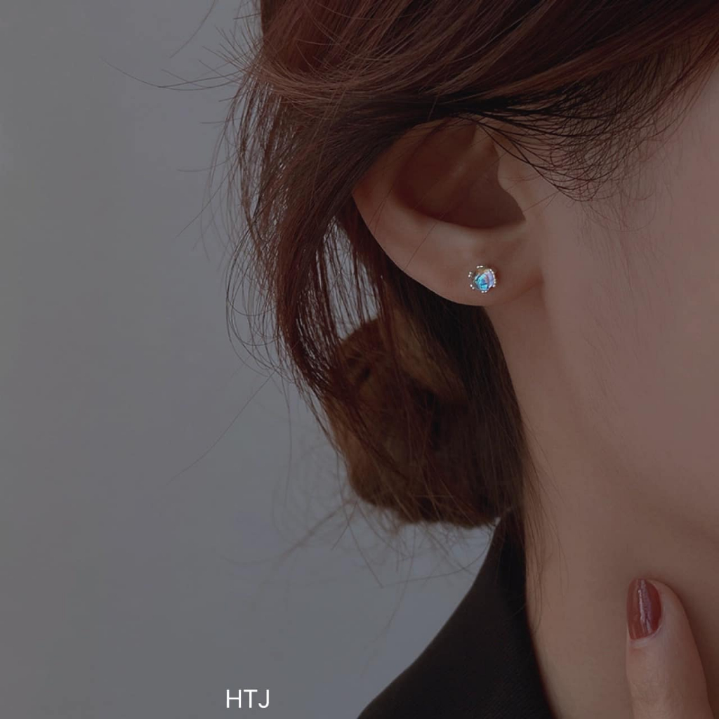 1 đôi Nụ tai bạc nữ đá moon, chốt xoáy ren chắc chắn