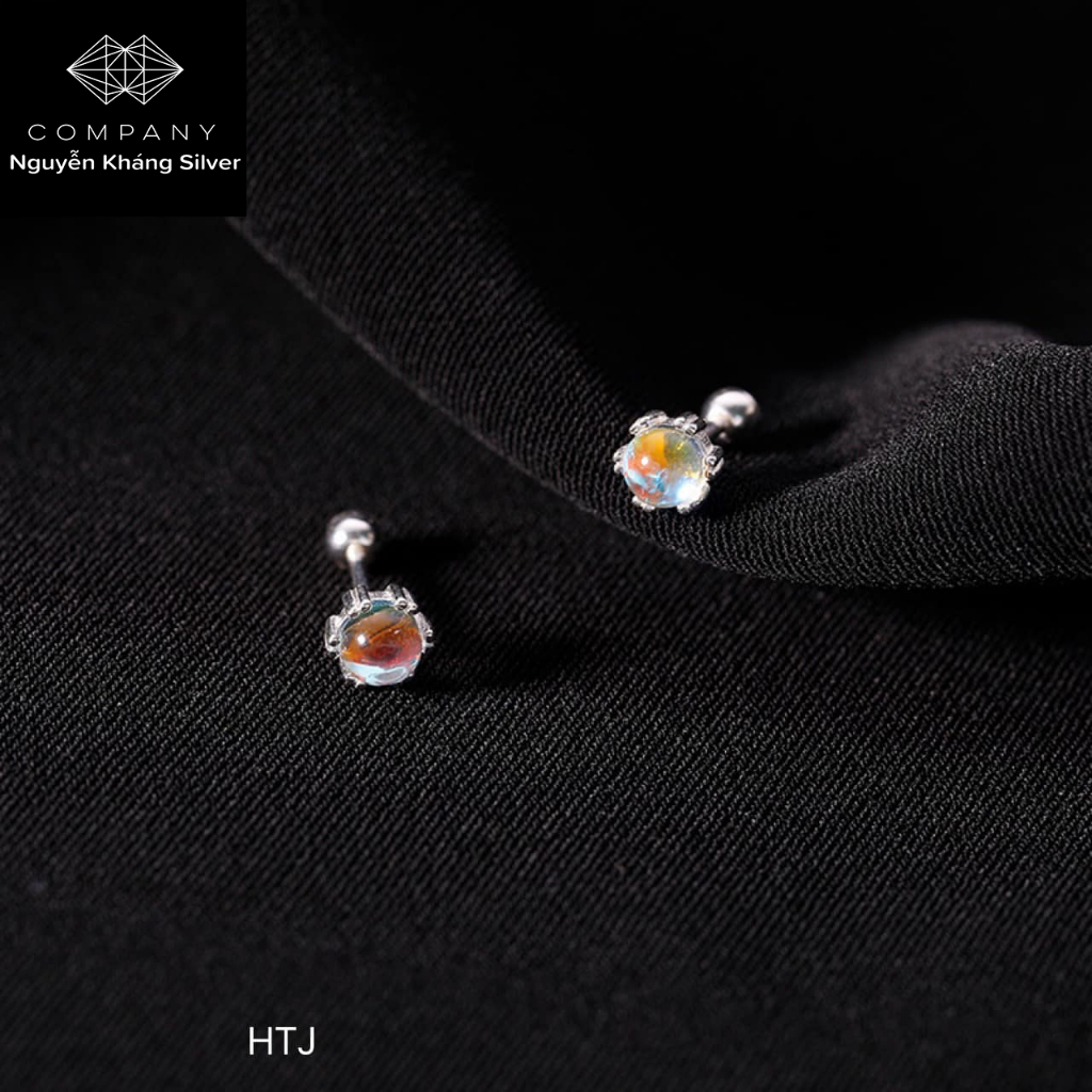 1 đôi Nụ tai bạc nữ đá moon, chốt xoáy ren chắc chắn