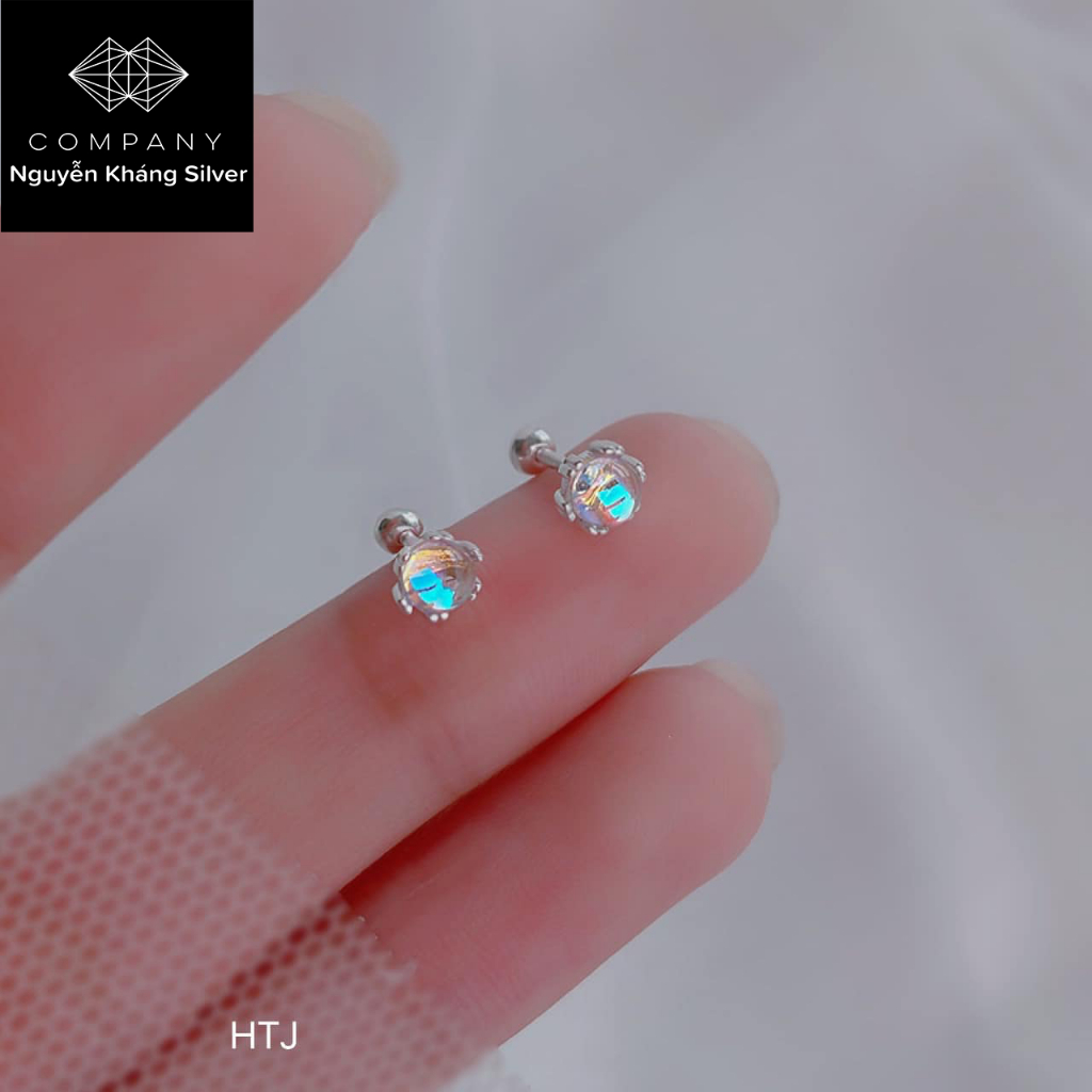 1 đôi Nụ tai bạc nữ đá moon, chốt xoáy ren chắc chắn