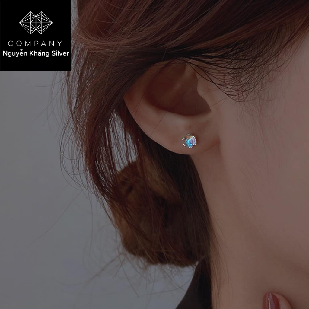 1 đôi Nụ tai bạc nữ đá moon, chốt xoáy ren chắc chắn