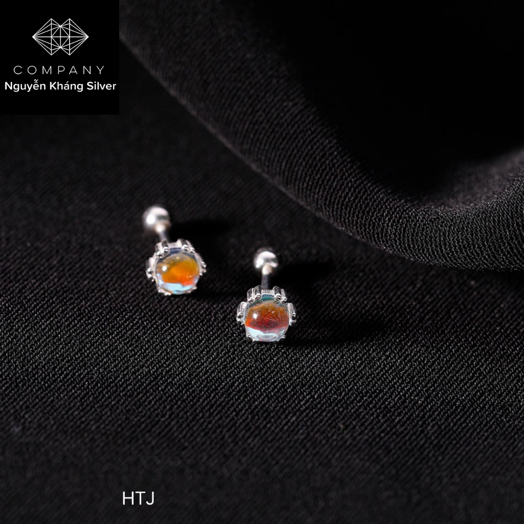 1 đôi Nụ tai bạc nữ đá moon, chốt xoáy ren chắc chắn
