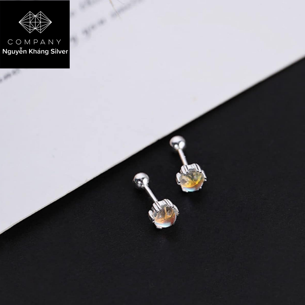 1 đôi Nụ tai bạc nữ đá moon, chốt xoáy ren chắc chắn