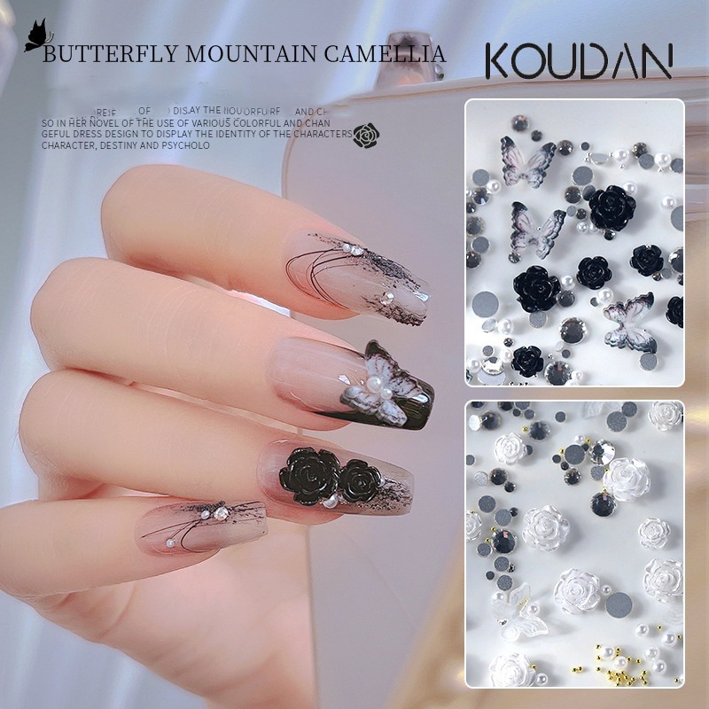 Set charm hoa hồng đen trắng mix bi cực xinh - Cheap Nail