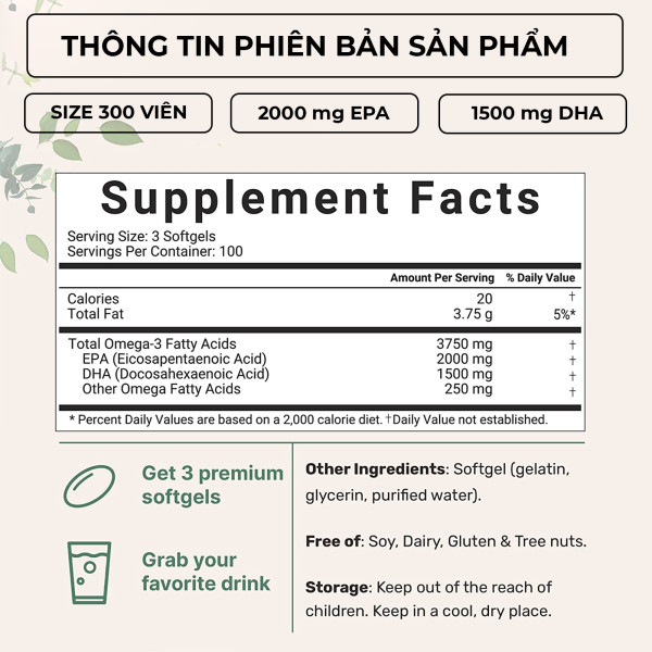 Viên Uống Dầu Cá Micro Ingredients Omega 3 Fish Oil, Tăng Cường Sức Khỏe, Túi 300 Viên