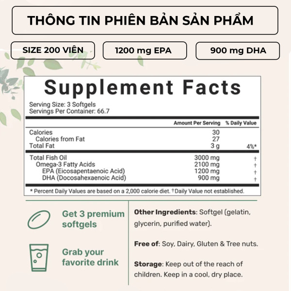 Viên Uống Dầu Cá Micro Ingredients Omega 3 Fish Oil, Tăng Cường Sức Khỏe, Túi 300 Viên