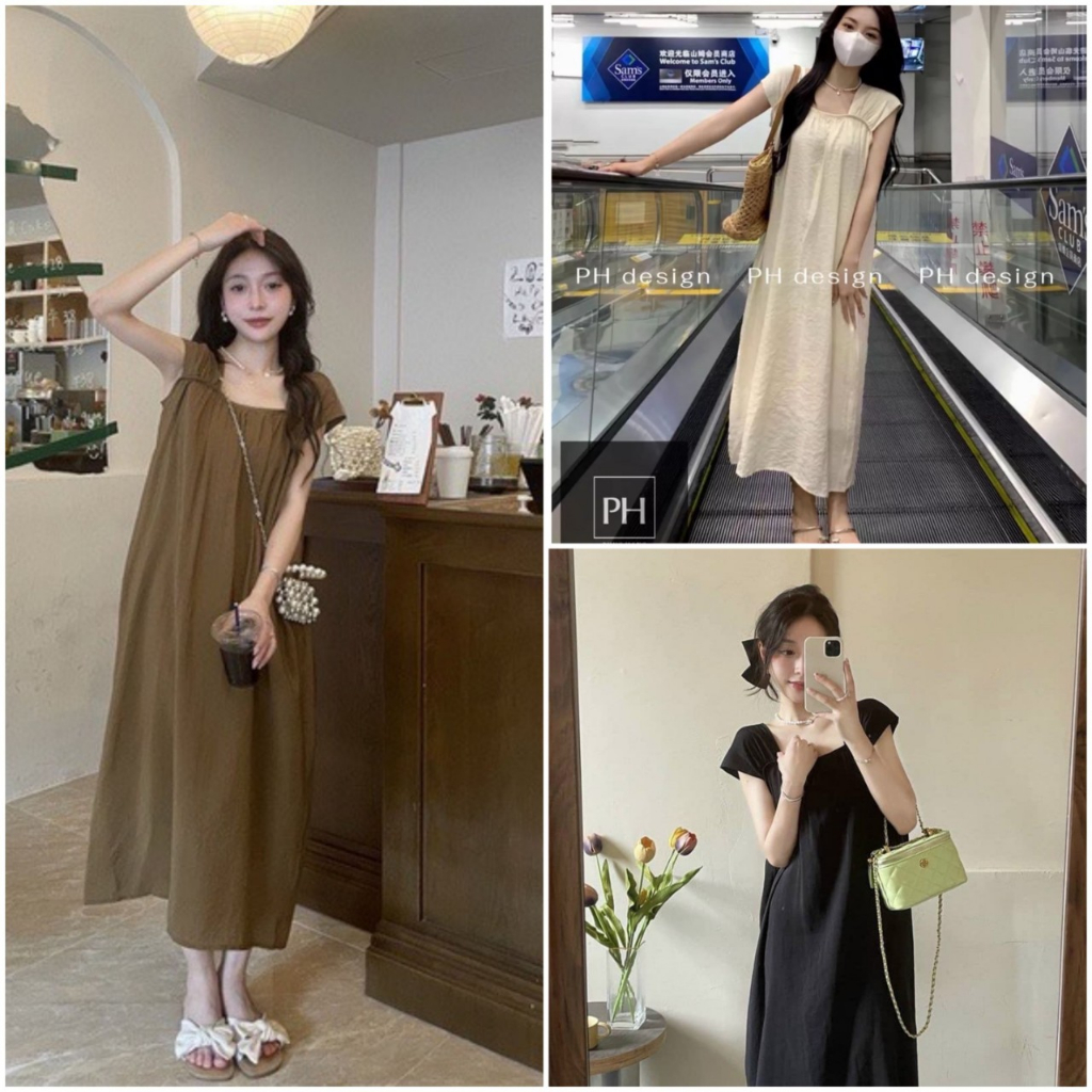 Váy nữ tay hến dáng dài chất đũi tơ, đầm bầu dáng dài nhiều màu chất liệu mát mẻ thấm hút mồ hôi