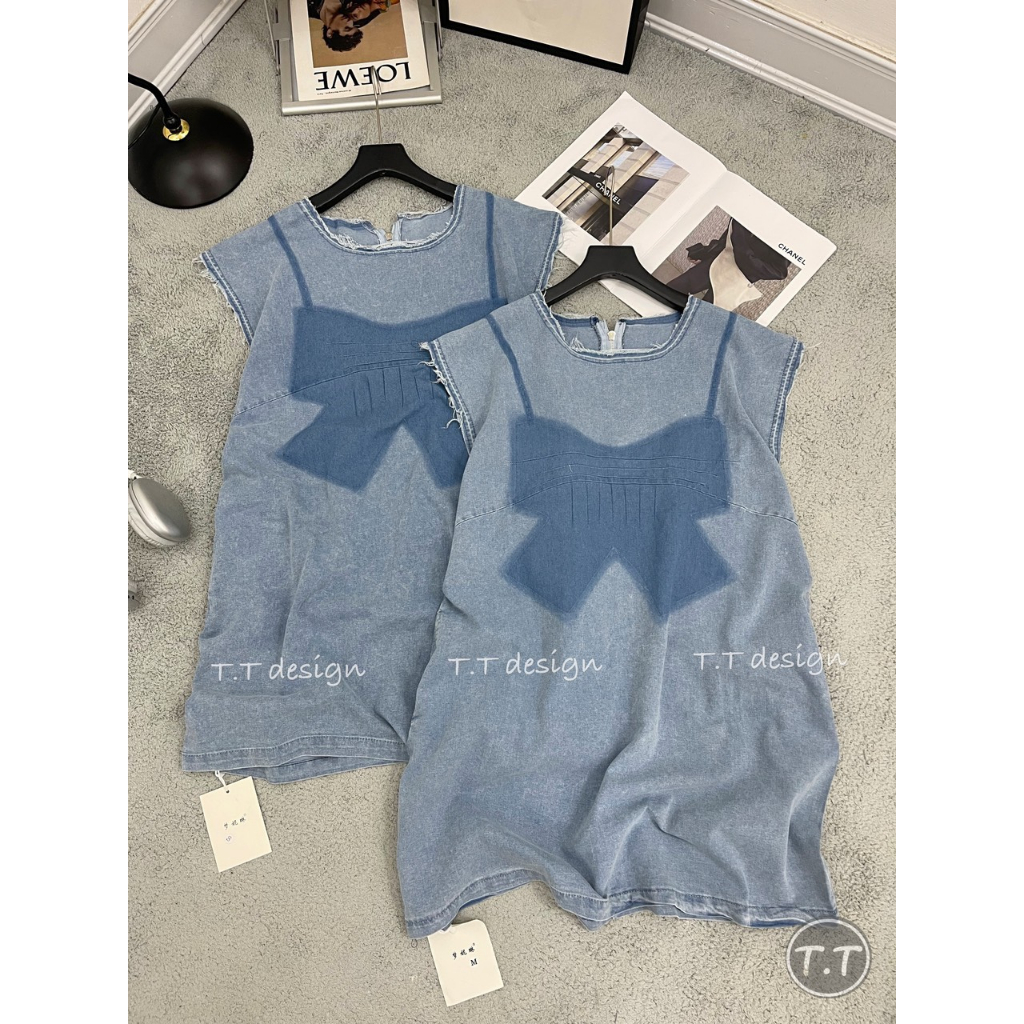 Váy denim in nơ đậm khóa sau (7678)