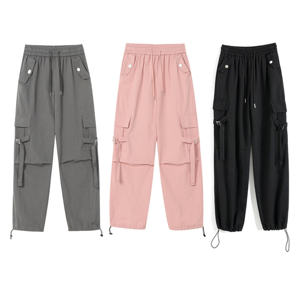 Quần Túi Hộp Nữ Ống Rộng Nút Cài Cạp Chun Chất Kaki Mềm, Quần Cargo Pant Chốt Gấu Unisex Phong Cách Hiphop