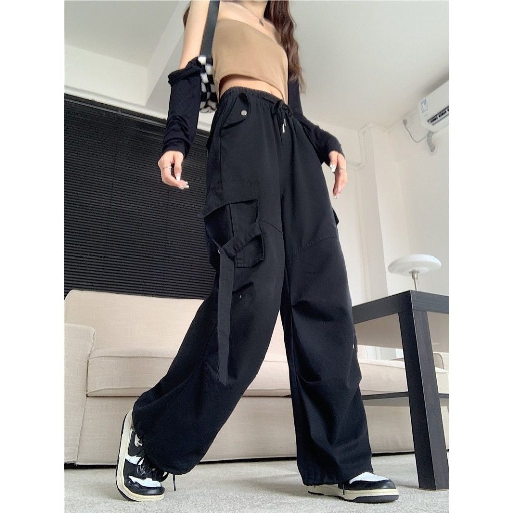 Quần Túi Hộp Nữ Ống Rộng Nút Cài Cạp Chun Chất Kaki Mềm, Quần Cargo Pant Chốt Gấu Unisex Phong Cách Hiphop