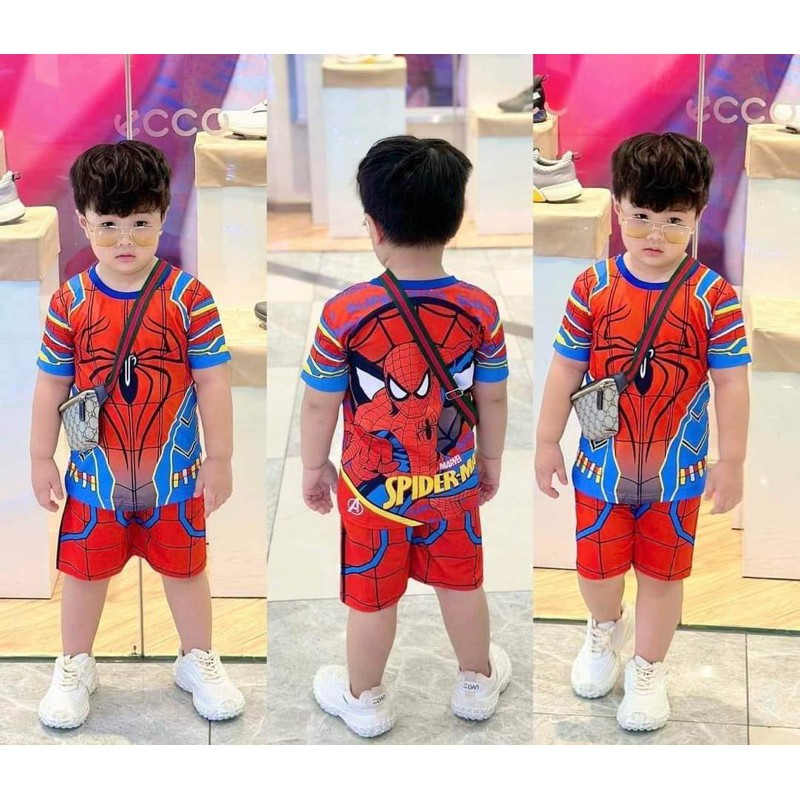 Bộ quần áo cộc tay thun lạnh 3D siêu nhân nhện cho bé trai 10-30kg