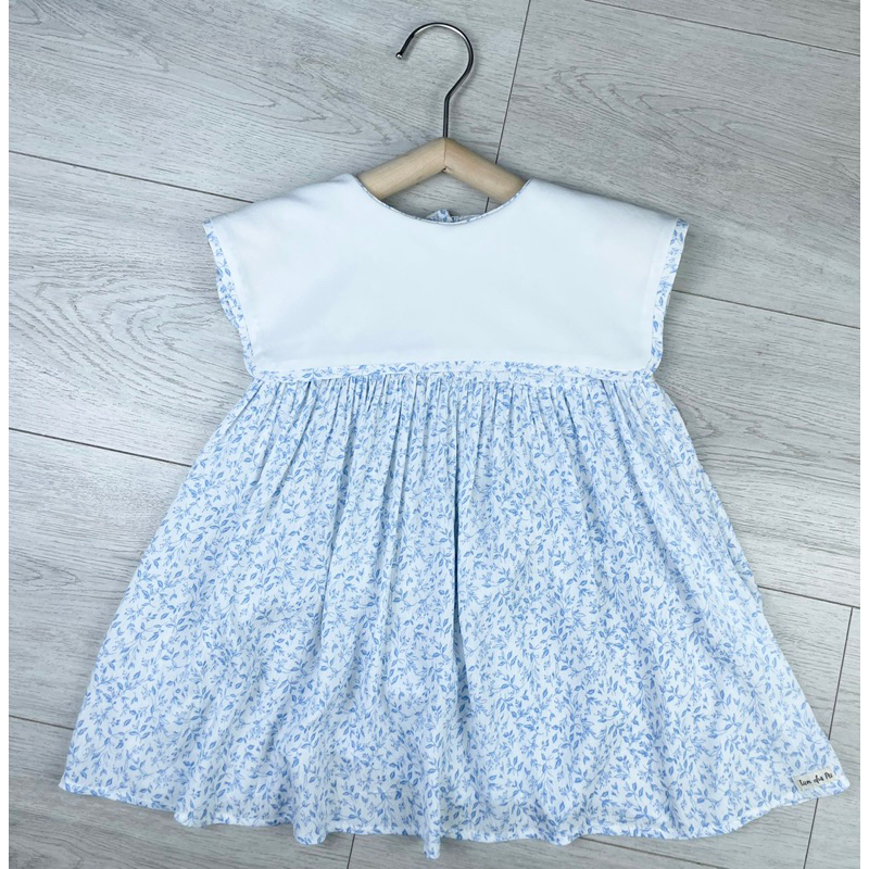 *Tiệm nhà Mì* Đầm bé gái cố bèo vuông dáng babydoll họa tiết hoa xanh nhí chất vải xô đũi mềm mát