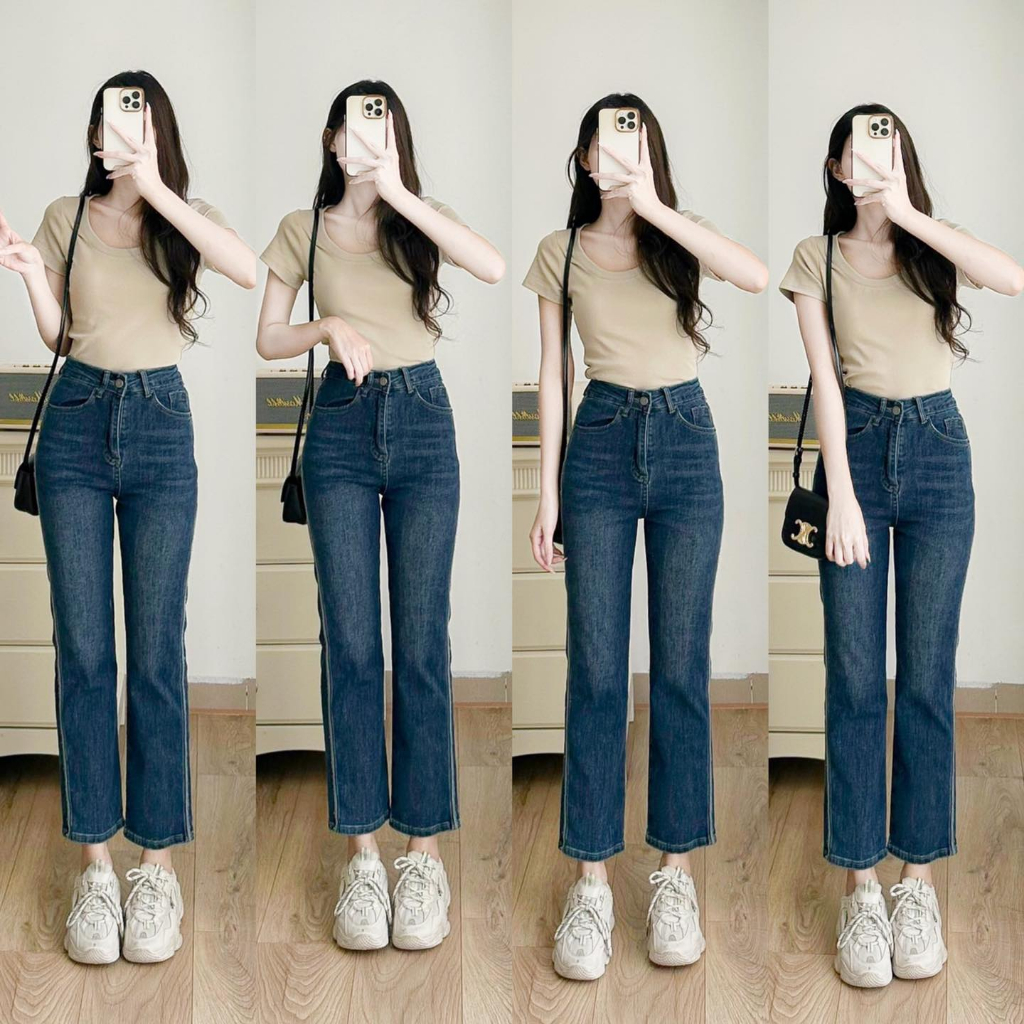 Quần Jean Nữ Ống Đứng Rách Viền Fanegu  Cạp Cao Co Dãn Tốt Trẻ Trung Năng Động Màu Xanh MYAN DESIGN Q112209