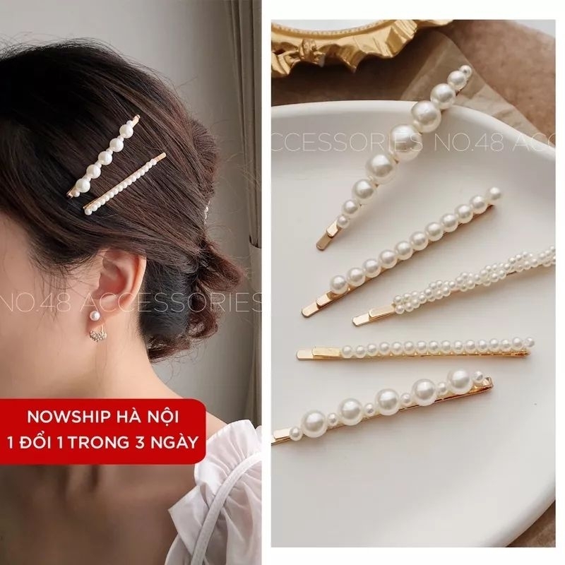 Bộ 4 kẹp tóc kim loại chống trượt đính ngọc trai thời trang Hàn Quốc sang trọng