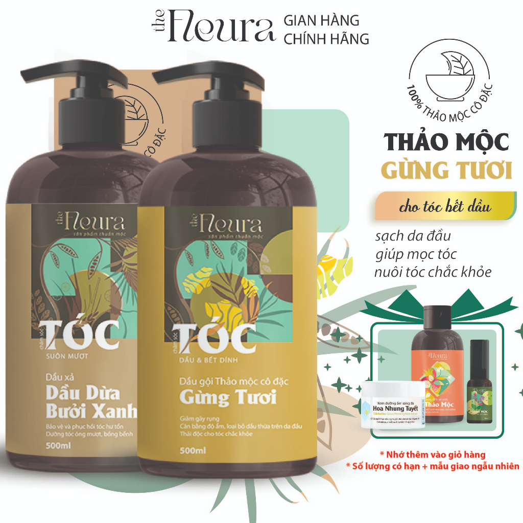 Dầu gội gừng tươi bồ kết thảo mộc the Fleura, phù hợp cho da dầu tóc bết, ngăn gàu, giúp tóc suôn mượt, giảm rụng tóc