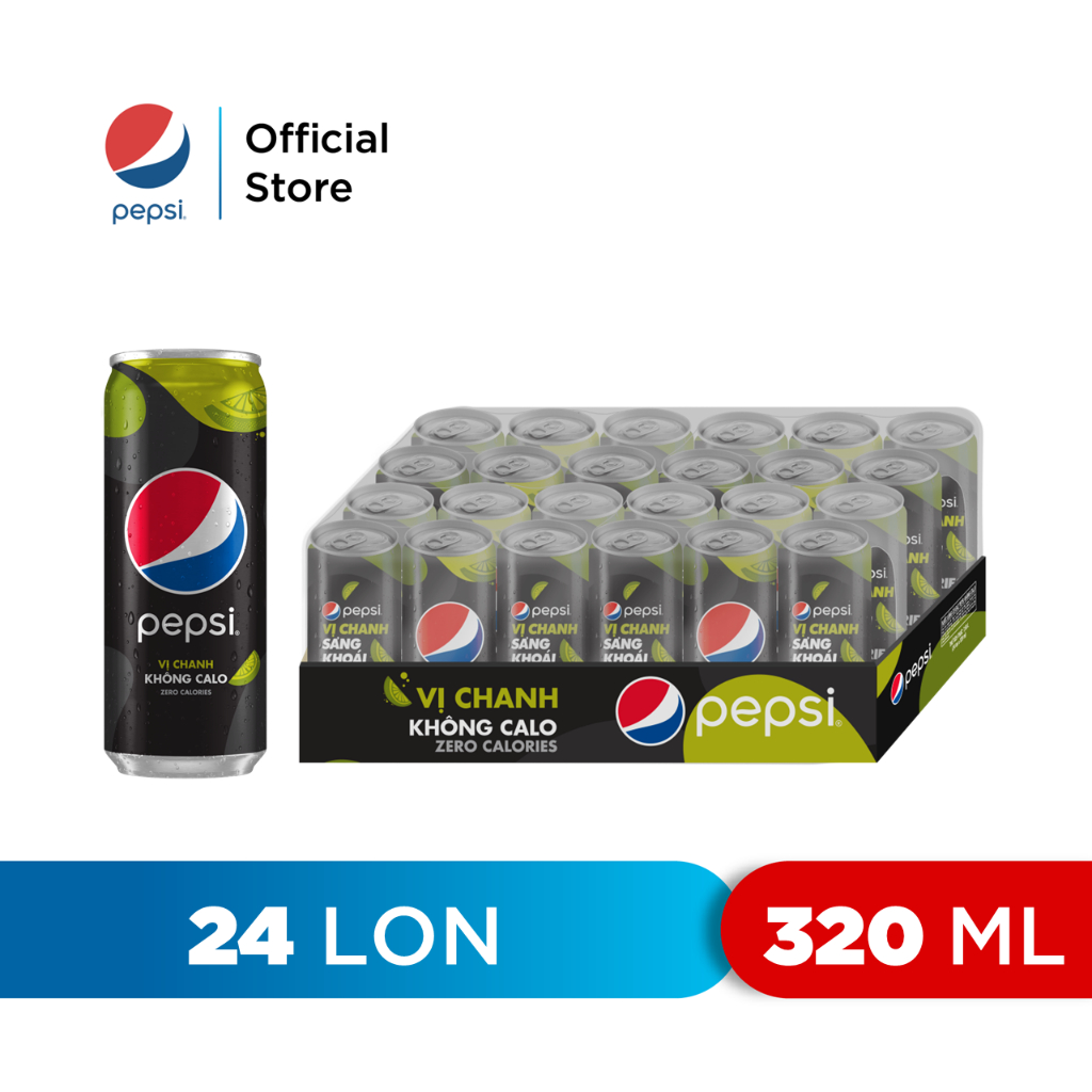 [ĐƠN 300K TẶNG LY][HCM | ĐN | HN]Thùng 24 Lon Nước Uống Có Gaz Pepsi Vị Chanh Không Calo (320ml/lon)