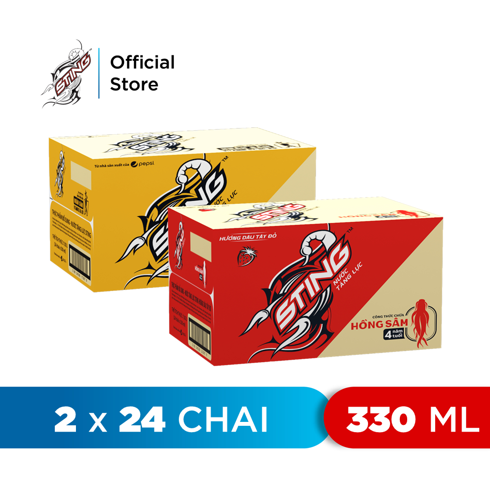 Combo Thùng 24 Chai Sting Dâu và Thùng 24 Chai Sting Vàng (330ml/chai)