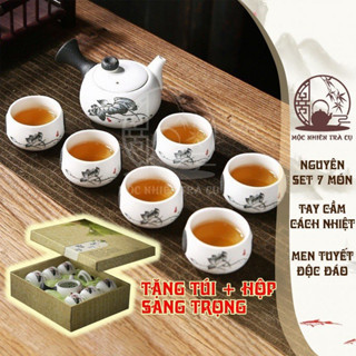 Bộ ấm trà sứ hoa sen 7 món tao nhã, bộ ấm chén gốm sứ cao cấp (Hộp túi đẹp tặng biếu)