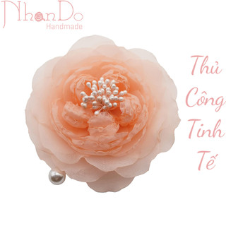 Hoa cài áo thủ công cao cấp Hồng Juliet- Màu hồng cam-size 9cm- vải voan-Hoa vải Nhando Handmade