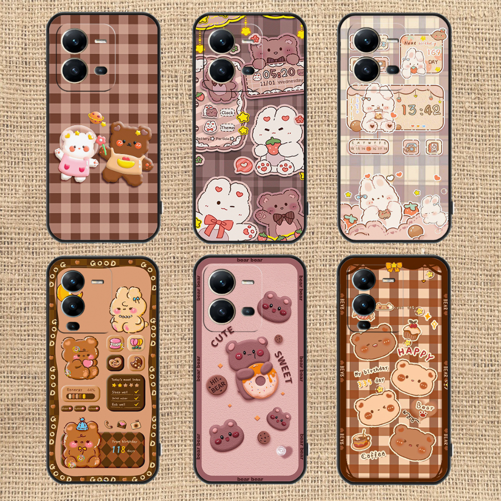 Ốp lưng Vivo V25 - V25e in hình nền caro gấu thỏ, gấu bear cute