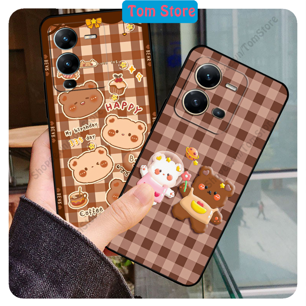 Ốp lưng Vivo V25 - V25e in hình nền caro gấu thỏ, gấu bear cute