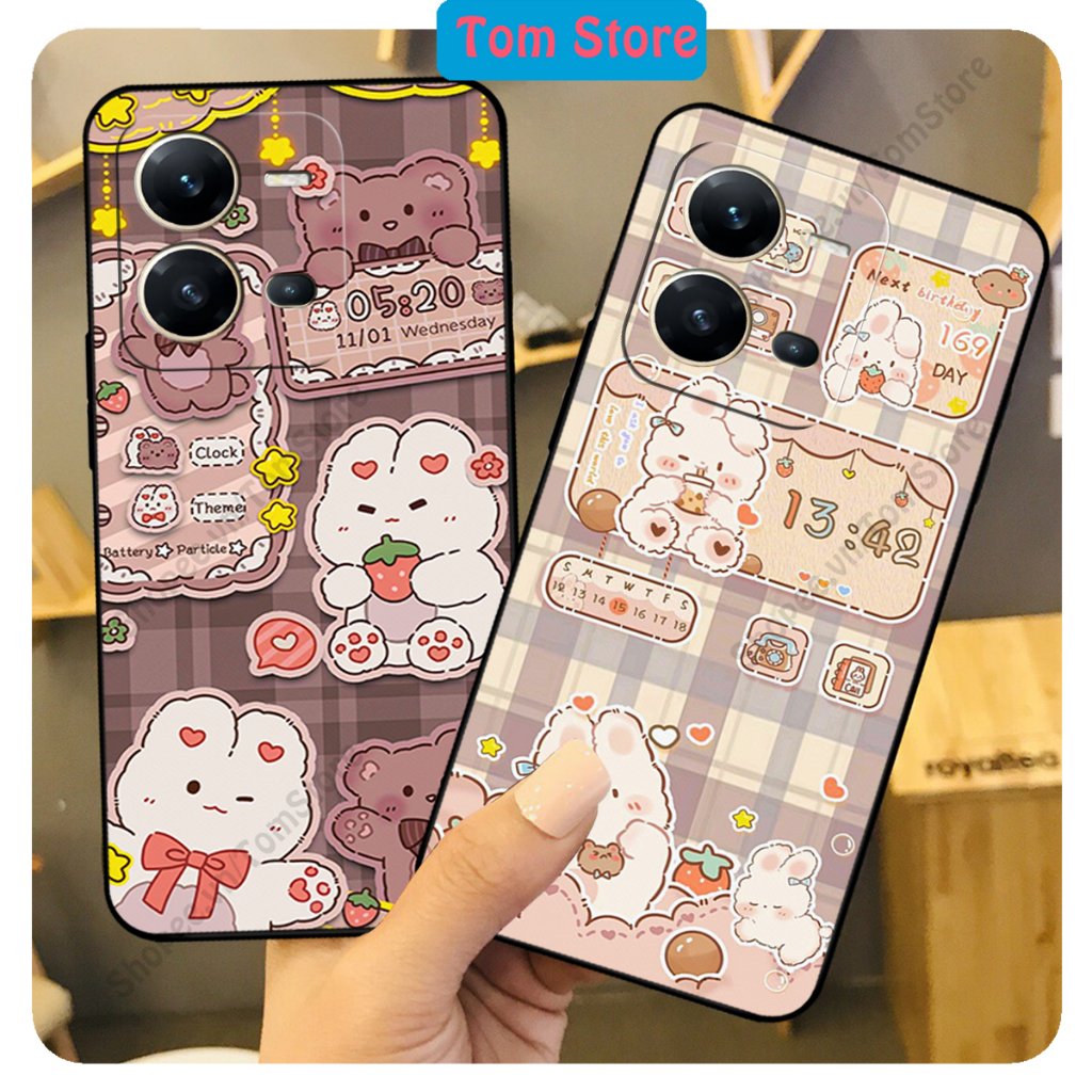 Ốp lưng Vivo V25 - V25e in hình nền caro gấu thỏ, gấu bear cute