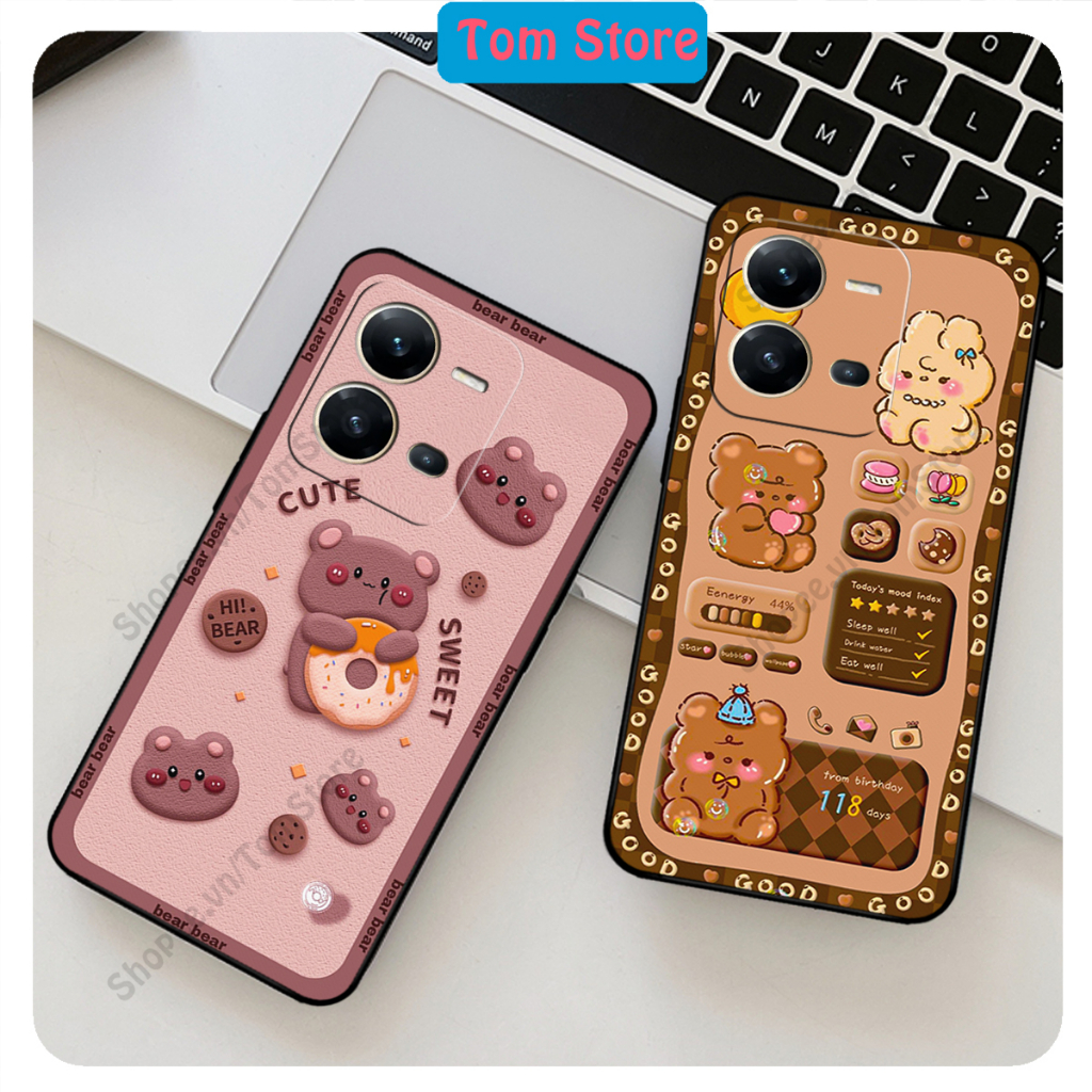 Ốp lưng Vivo V25 - V25e in hình nền caro gấu thỏ, gấu bear cute