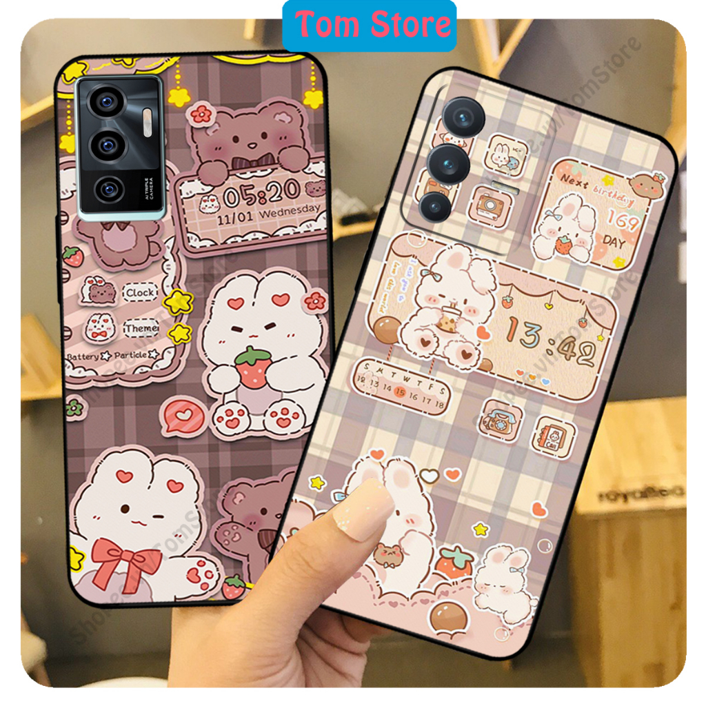 Ốp lưng Vivo V23e - Vivo V23 5G in hình nền caro gấu thỏ, gấu bear cute