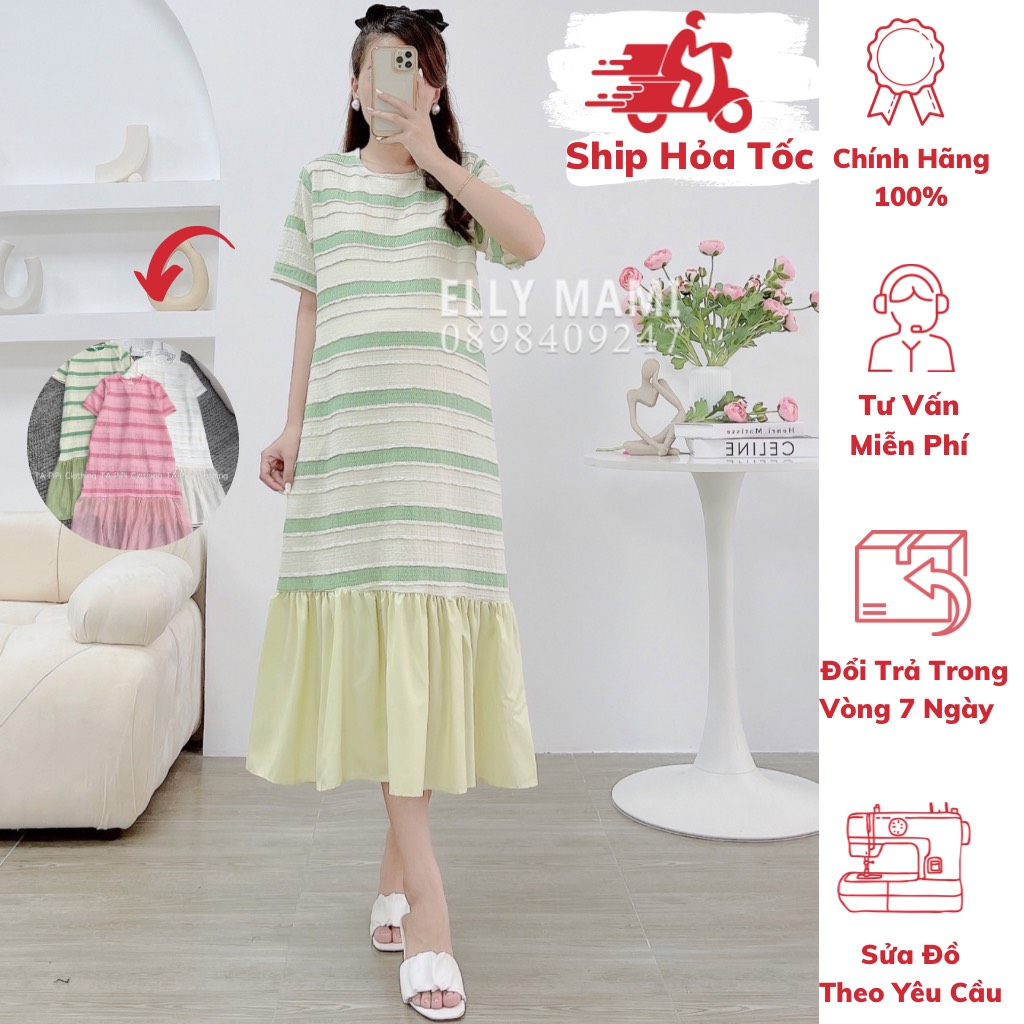 ( 40kg - 75kg ) Đầm Bầu , Suông Thun Gân Sọc , Chân Đuôi Cá Voan , Form Dễ Mặc Thoải Mái Suốt Thai Kì & Sau Sinh