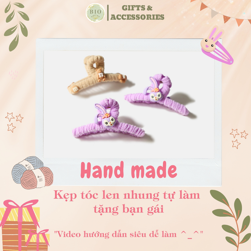 Kẹp tóc handmade tự làm bằng len nhung gói nguyên vật liệu tặng kèm 8 charm sticker và keo nến