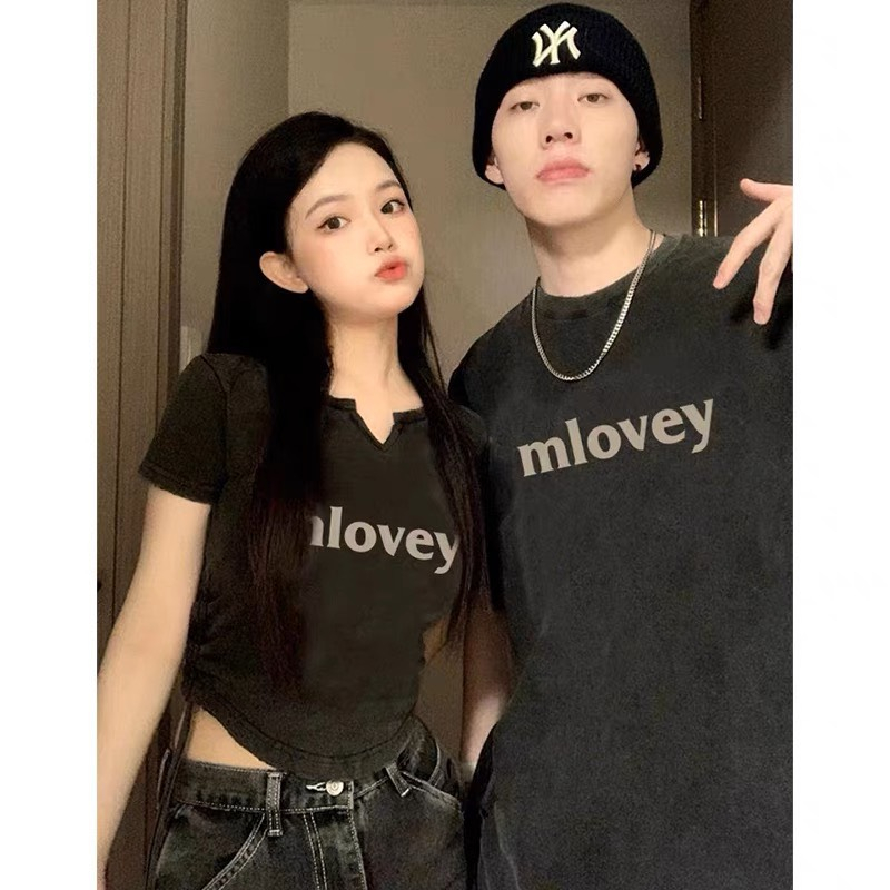 Couple Set Đôi Nam Nữ Áo Croptop Và Áo Phông In Chữ Thời Trang 2023