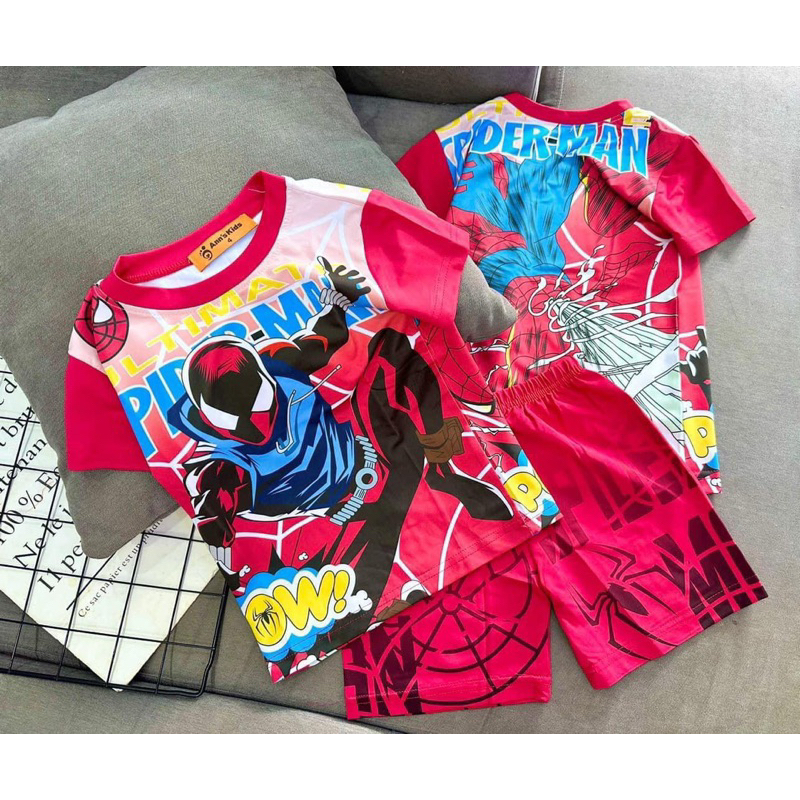 Bộ quần áo cộc tay thun lạnh 3D siêu nhân nhện cho bé trai 10-30kg