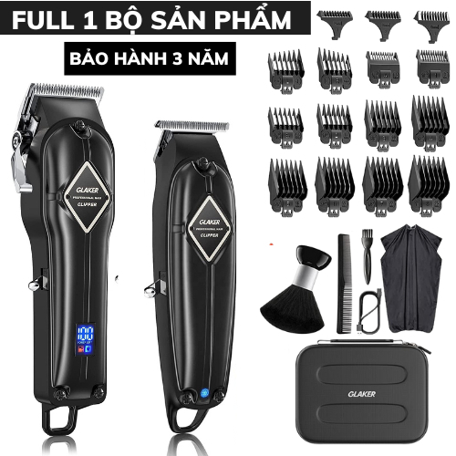 Tông đơ cắt tóc GLAKER K11S cao cấp,Tông đơ chuyên nghiệp màn led báo pin yếu thân nhôm nguyên khối,Pin sạc