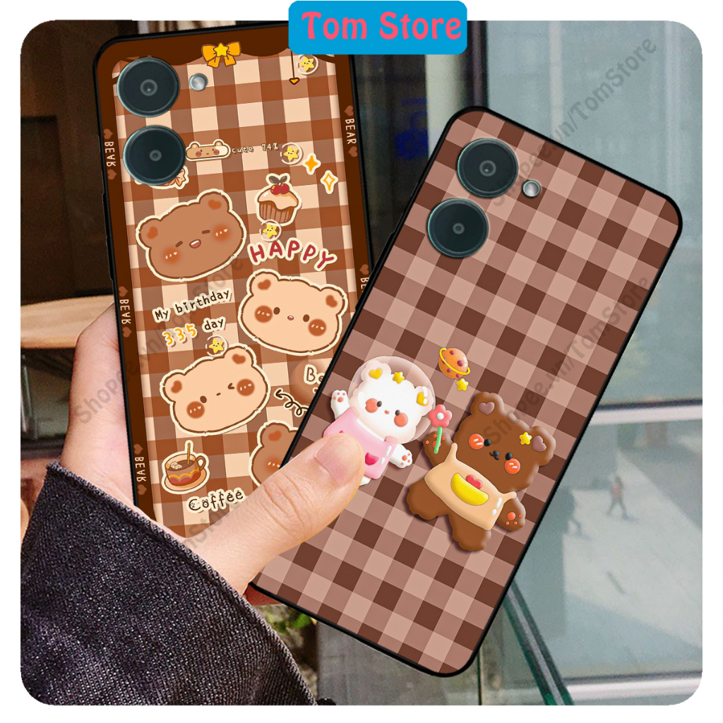 Ốp lưng Realme C33 in hình nền caro gấu thỏ, gấu bear cute