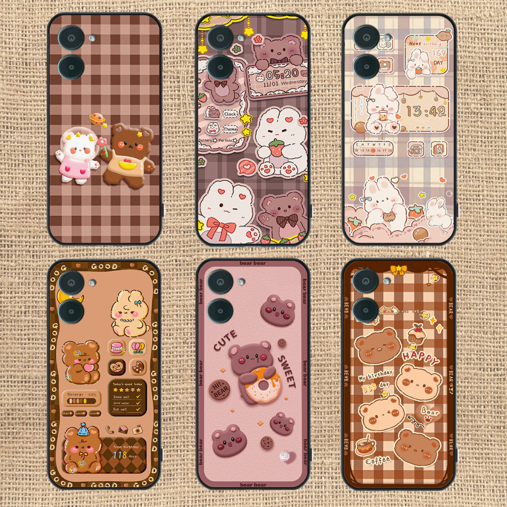 Ốp lưng Realme C33 in hình nền caro gấu thỏ, gấu bear cute