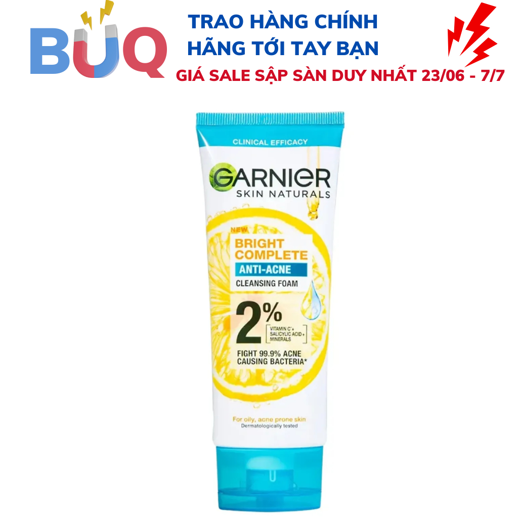 Sữa rửa mặt 3-trong-1 sạch sâu, giảm mụn & sáng da Garnier Bright Complete Anti-Acne Foam 100ml