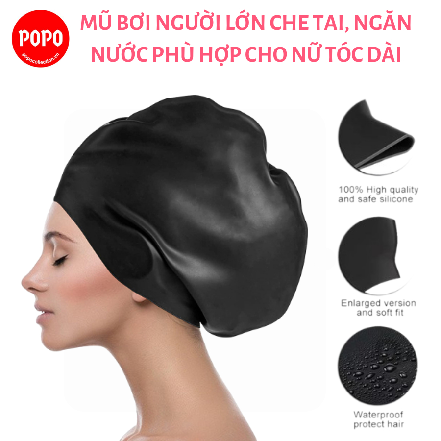 Mũ bơi trơn silicone size lớn POPO CA63 ngăn nước tuyệt đối, chống thấm nước, chùm tai, dành cho phụ nữ tóc dài