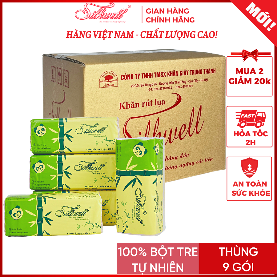 Thùng 9 gói giấy ăn gấu trúc khổ lớn Silkwell 100% bột tre nhập khẩu cao cấp tiện lợi