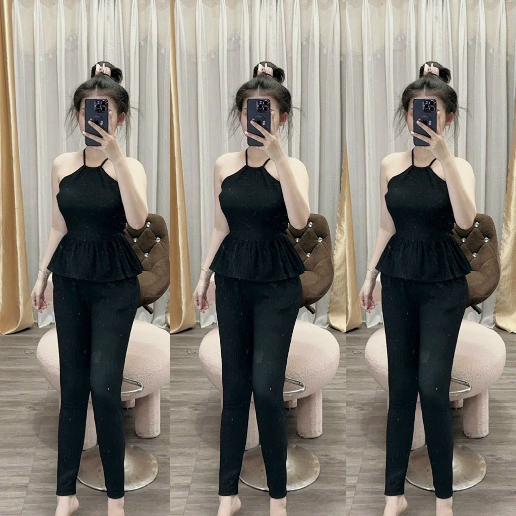 Đồ Bộ Nữ Áo Cổ Yếm Ôm Eo Xòe Kèm Quần Dài Ống Ôm Vải Xốp Nhập Kèm Ảnh Thật
