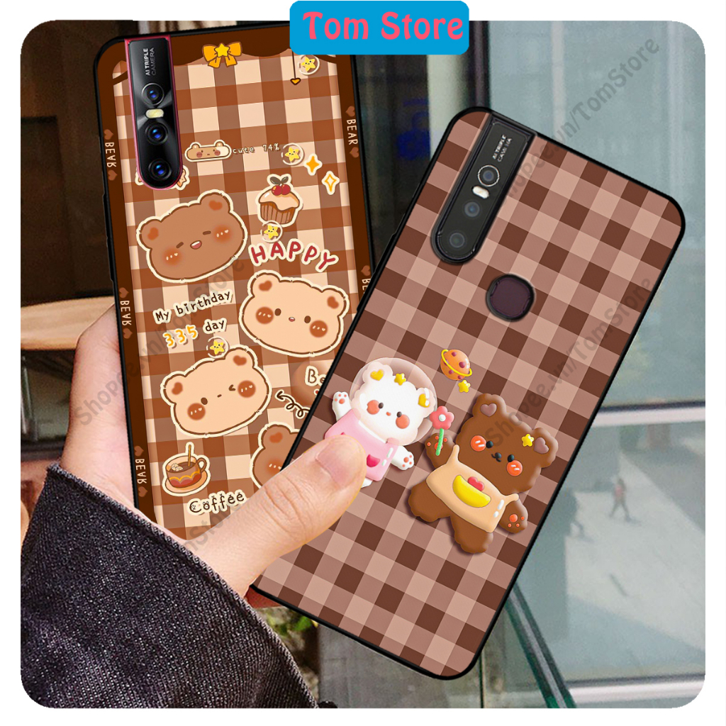 Ốp lưng Vivo V15 / V15 Pro in hình nền caro gấu thỏ, gấu bear cute