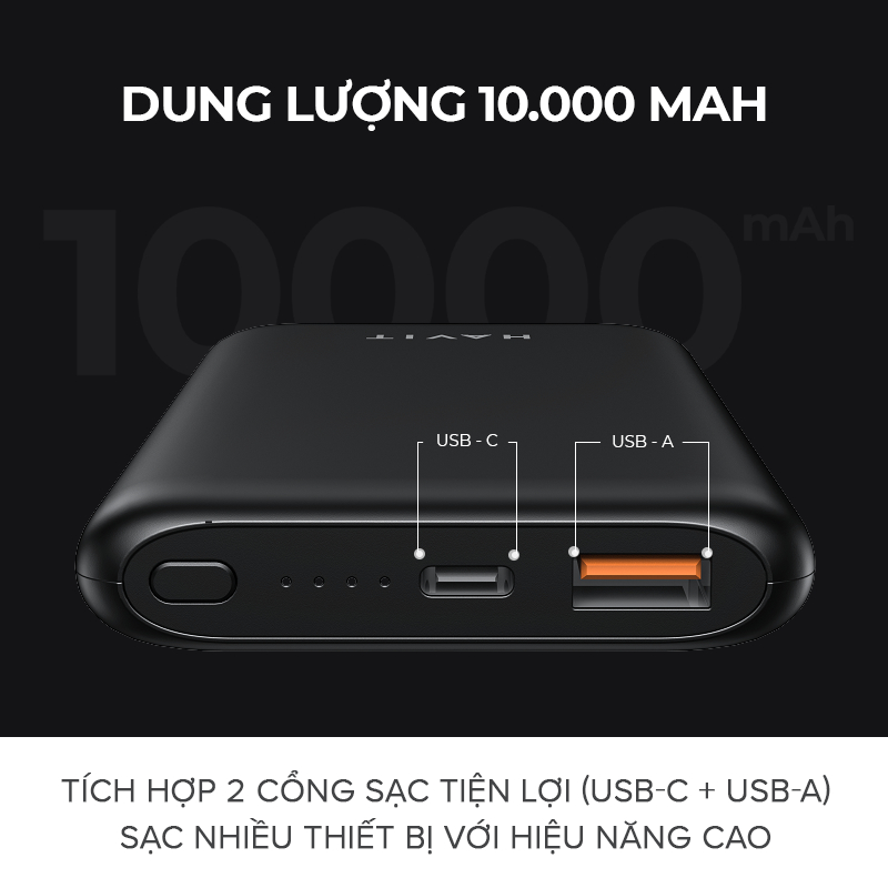 Pin Sạc Dự Phòng HAVIT PPT932 10.000 mAh, 2 Cổng Sạc Tiện Lợi, Sạc Nhanh Type C 20W, Kiểu Dáng Gọn Nhẹ - Hàng Chính Hãng