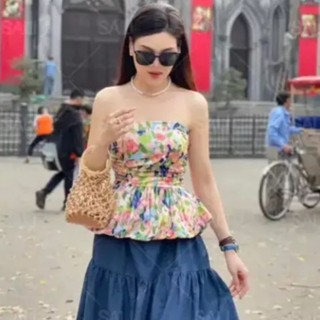 Áo quây hoa bí xòe peplum, áo kiểu ống cúp ngực hoa cho nữ