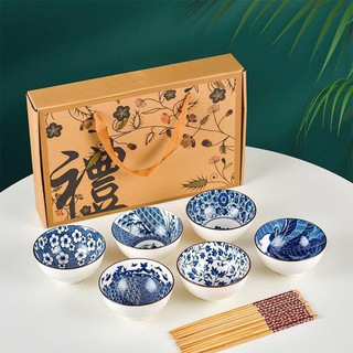 Bộ 6 chén kiểu hoa xanh cao cấp và 6 đôi đũa kèm hộp làm quà tặng sang trọng