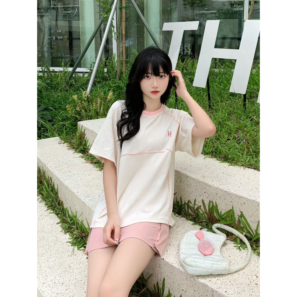 Áo Thun Nam Nữ Form Rộng Mugung Phối Line Oversize 100% Cotton Logo Thêu M114