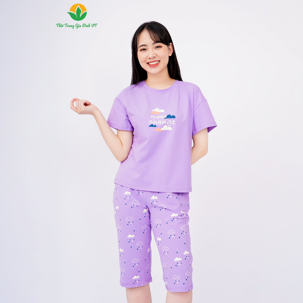 Bộ đồ Cotton dệt kim nữ mùa hè Việt Thắng, quần lửng, áo cộc tay in hình  FROM RỘNG - B46.2309