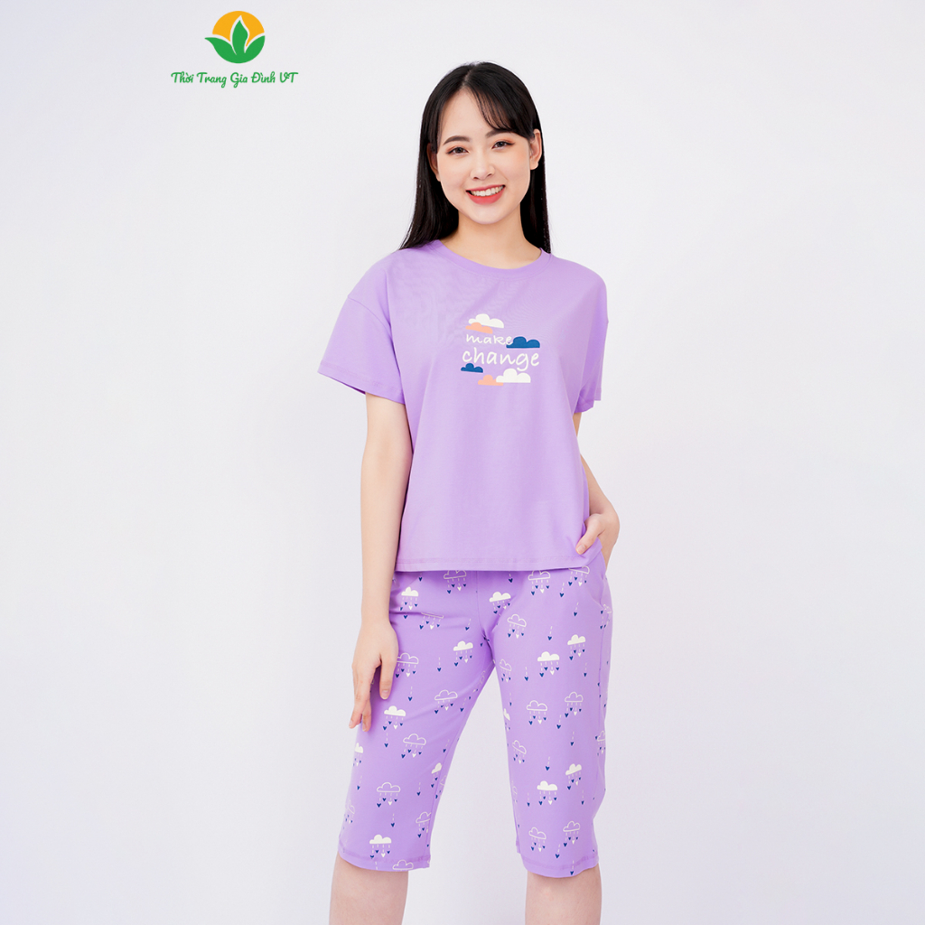 Bộ đồ Cotton dệt kim nữ mùa hè Việt Thắng, quần lửng, áo cộc tay in hình  FROM RỘNG - B46.2309