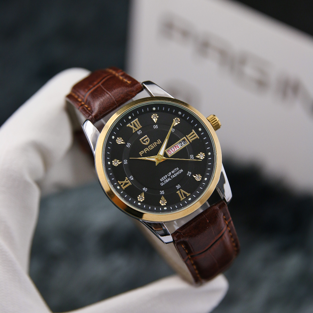 Đồng Hồ Nam Chính Hãng Pagini 5599 - Dây Da Cao Cấp - Kim Dạ Quang - Chống Nước Rửa Tay Đi Mưa